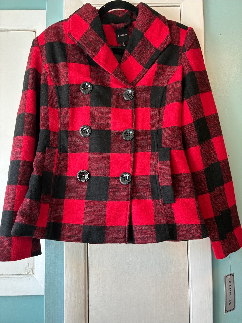 Rampage Red and Black Plaid Double-Breasted Peacoat